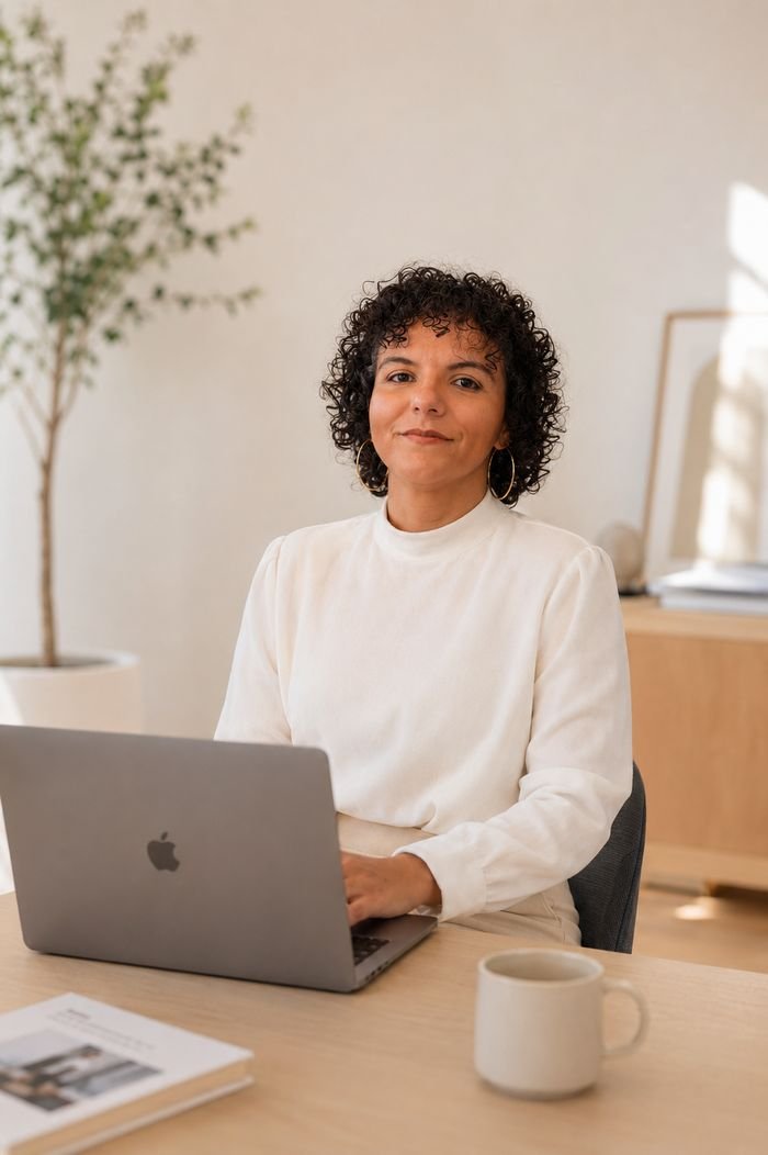 Raquel Camargo working at a laptop during a one-to-one consulting session