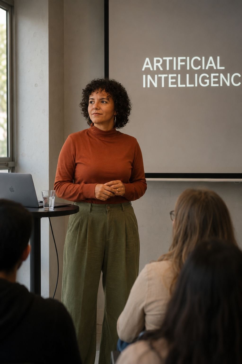 Raquel Camargo teaching a session on artificial intelligence to a group of professionals