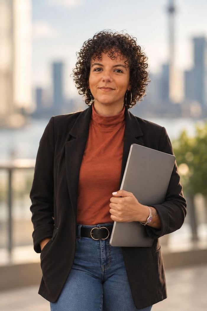 Raquel Camargo standing in front of the Toronto skyline